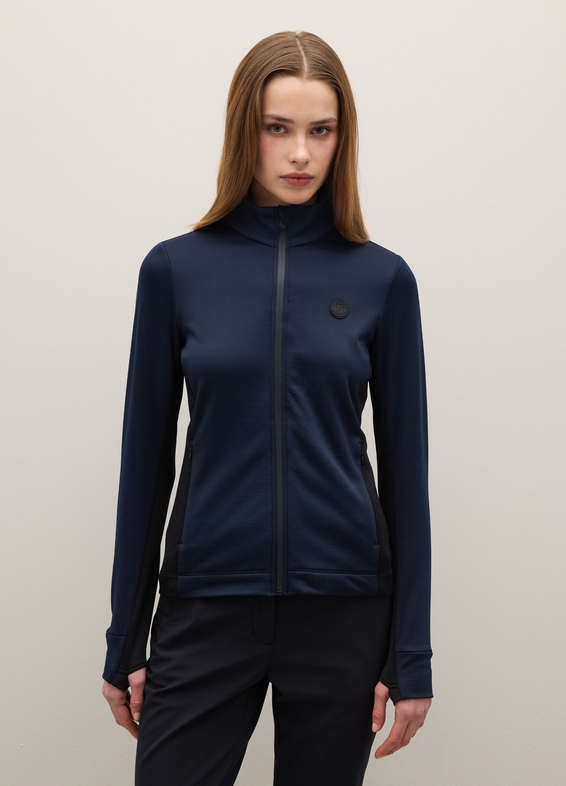 Blue fitted zip funnel-neck sport sweatshirt
