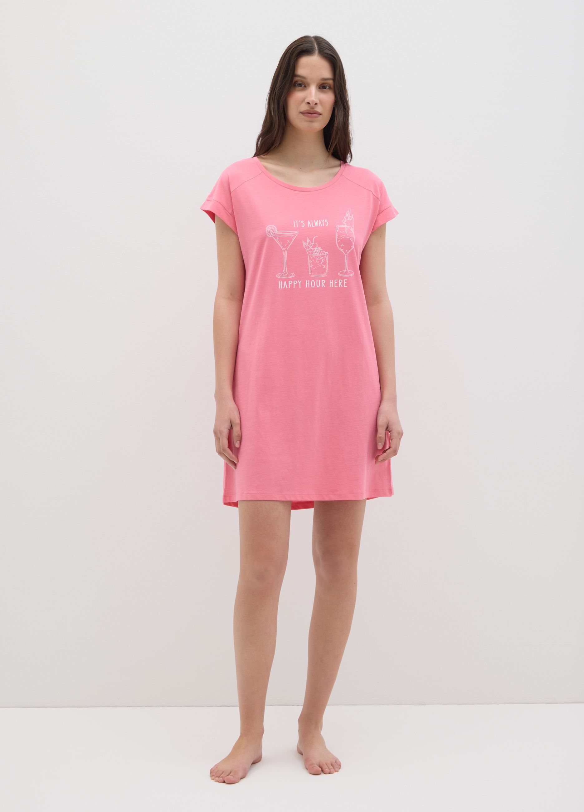 Abito da donna in puro cotone rosa con stampa cocktail