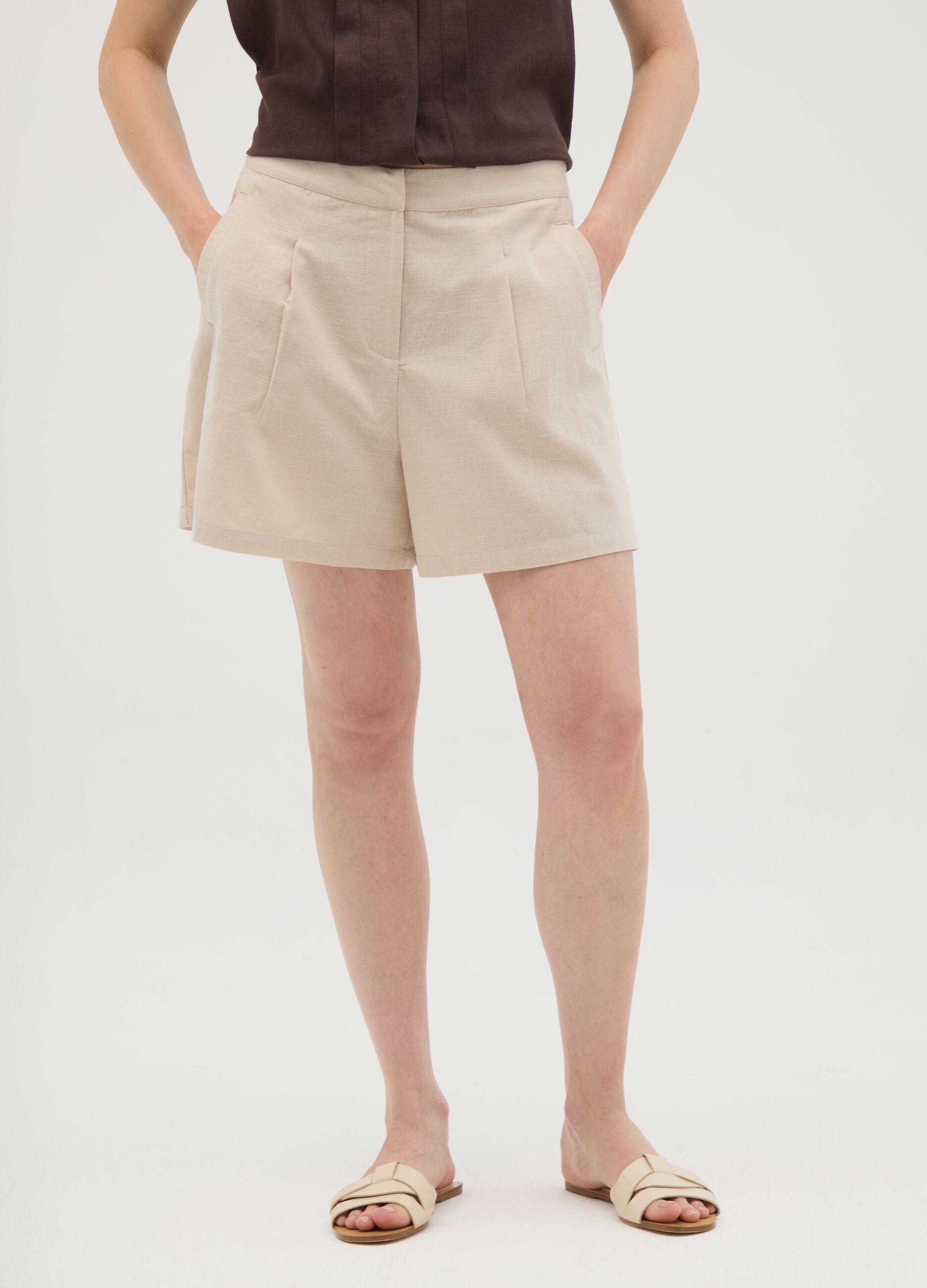 Women's beige pure cotton shorts regular fit