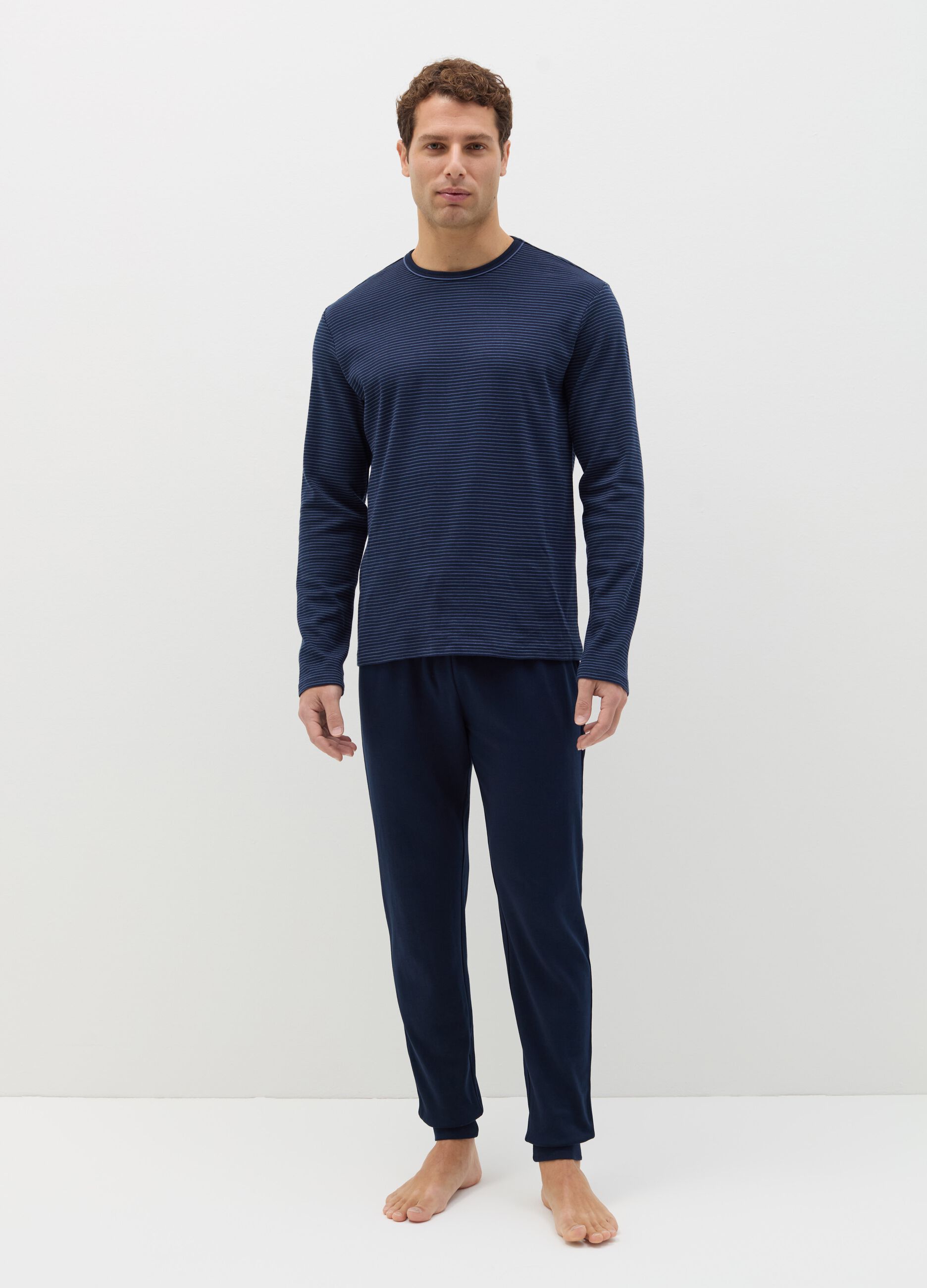 Cotton pyjamas with thin striped top