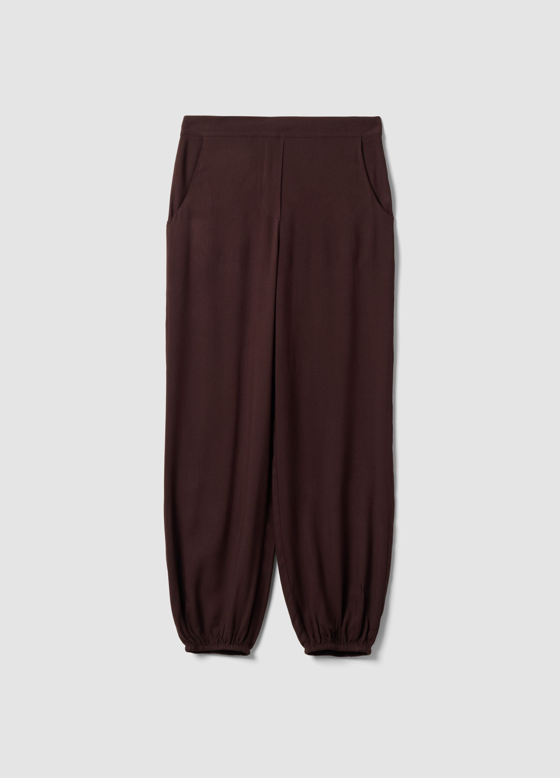 Brown pure viscose trousers with elasticated cuffs, regular fit