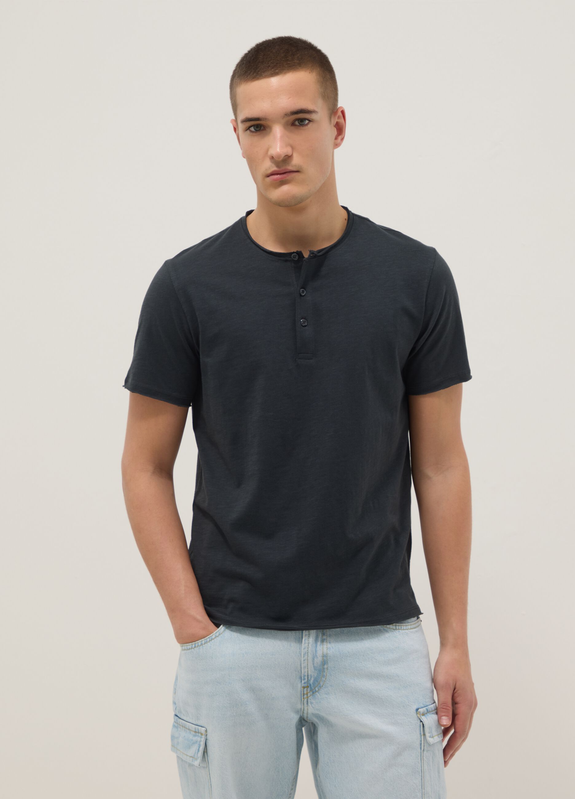 Black regular fit pure cotton T-shirt with henley collar