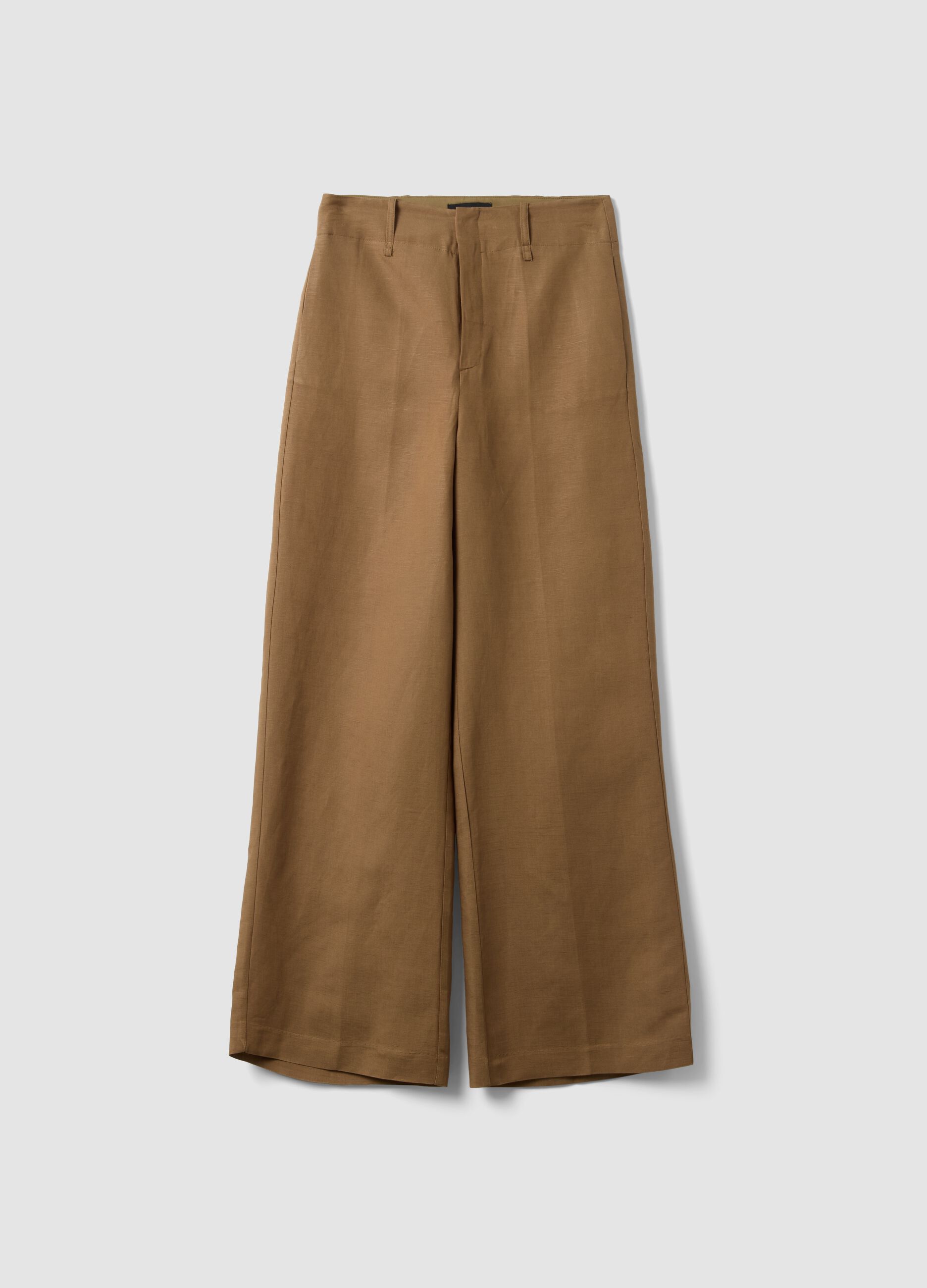 Brown linen-viscose blend wide-leg trousers with structured waistband