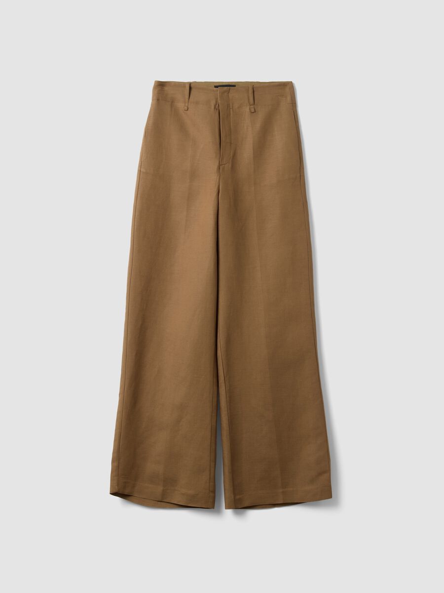 Brown linen-viscose blend wide-leg trousers with structured waistband_0