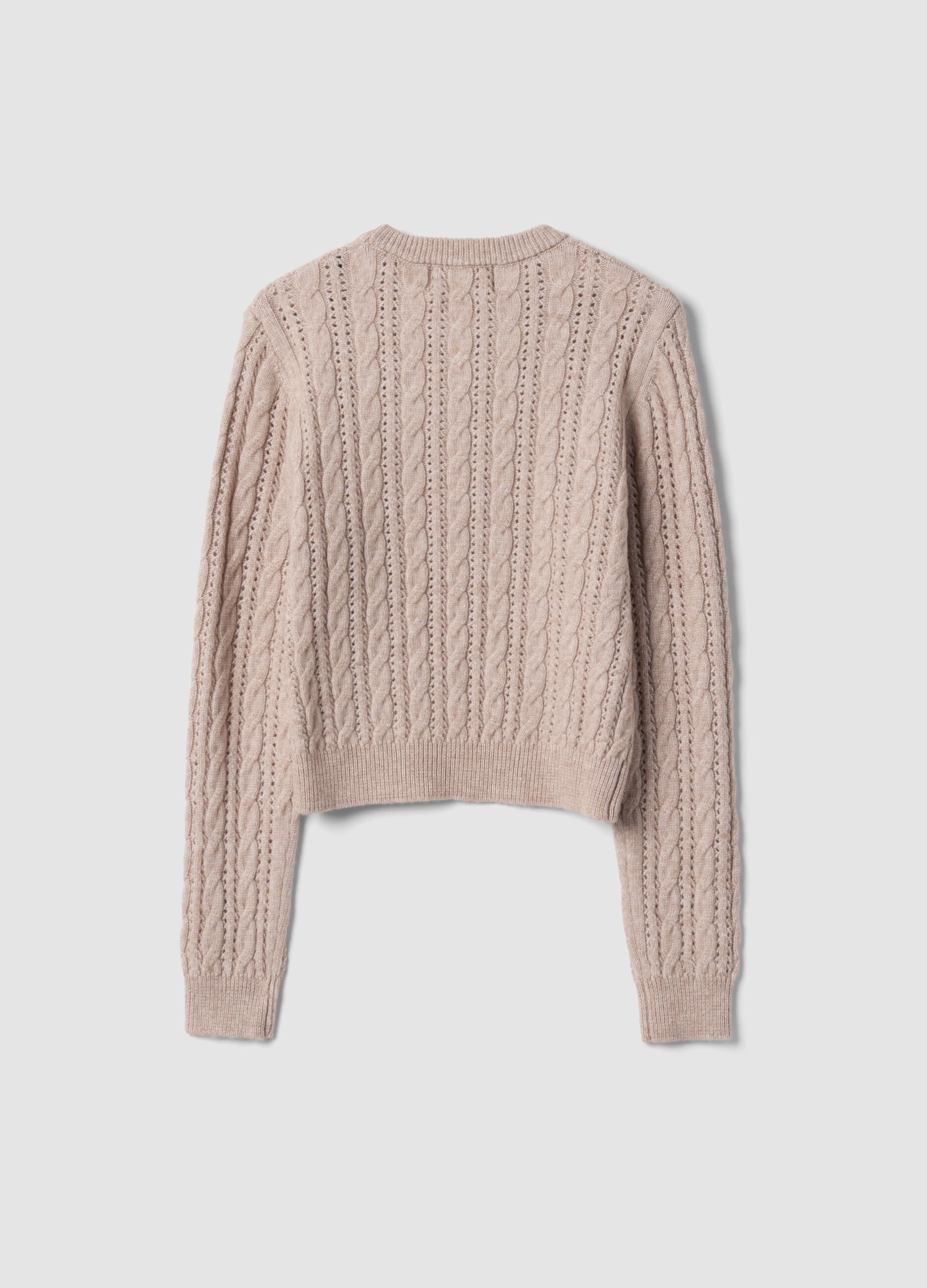 Beige cable-knit wool-blend crew-neck jumper, regular fit