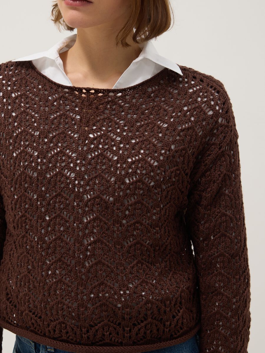 Brown pure cotton sweater with perforated pattern, regular fit_3