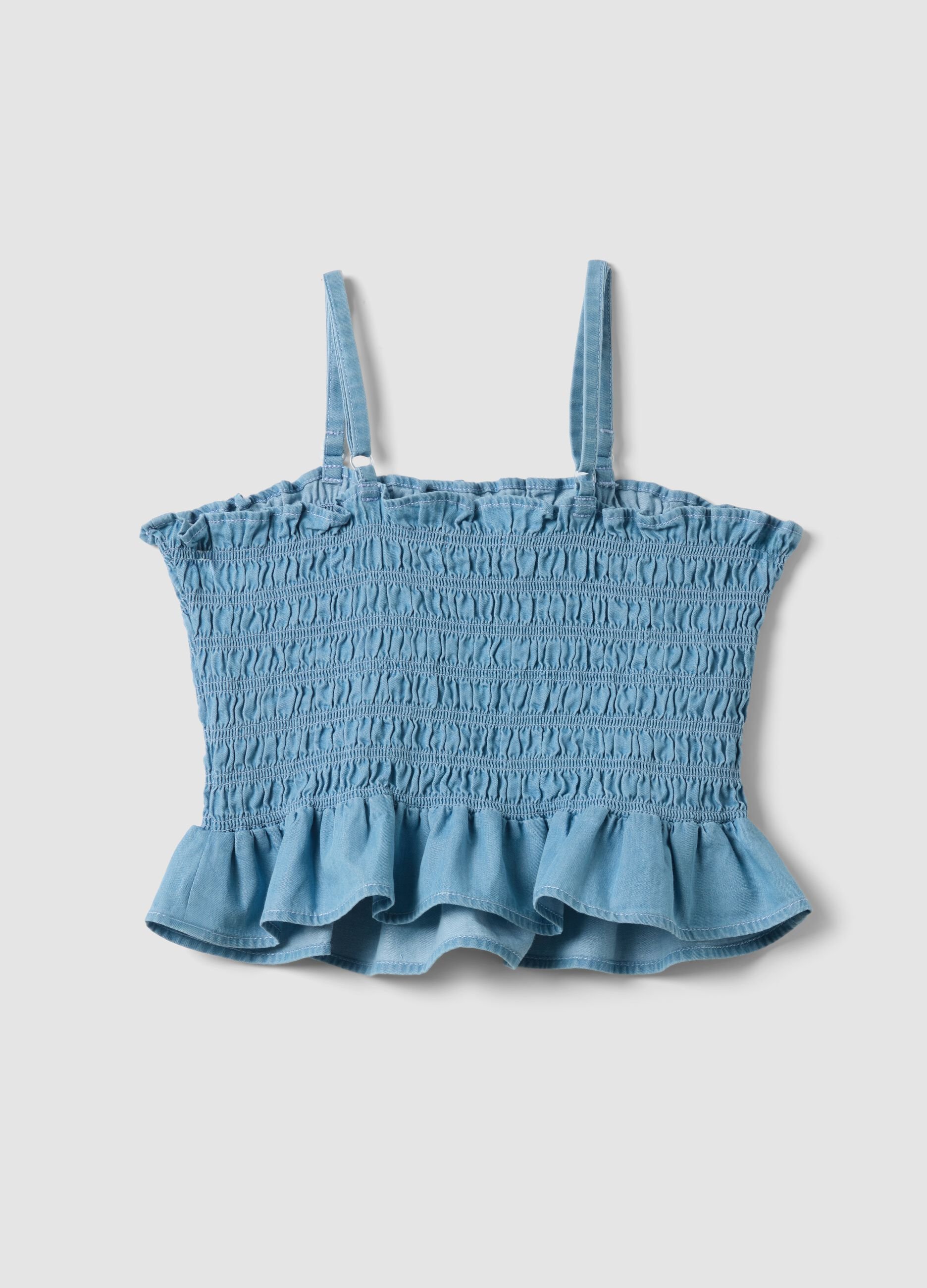 Top azzurro in puro cotone con arricciatura