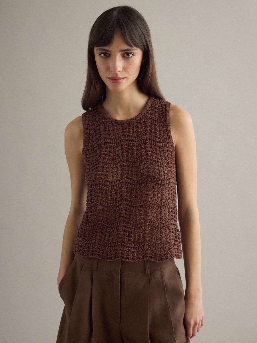 Tank top in misto cotone marrone regular fit con texture a rete_1