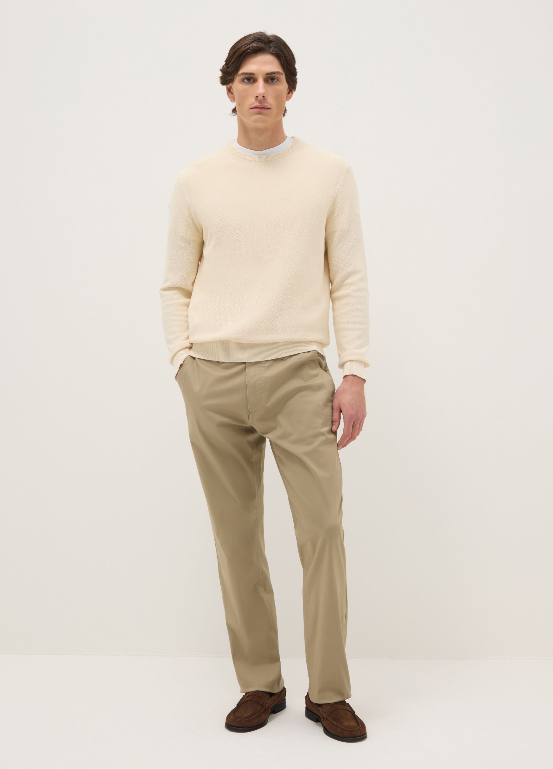 Pantaloni chino in cotone elasticizzato beige regular fit