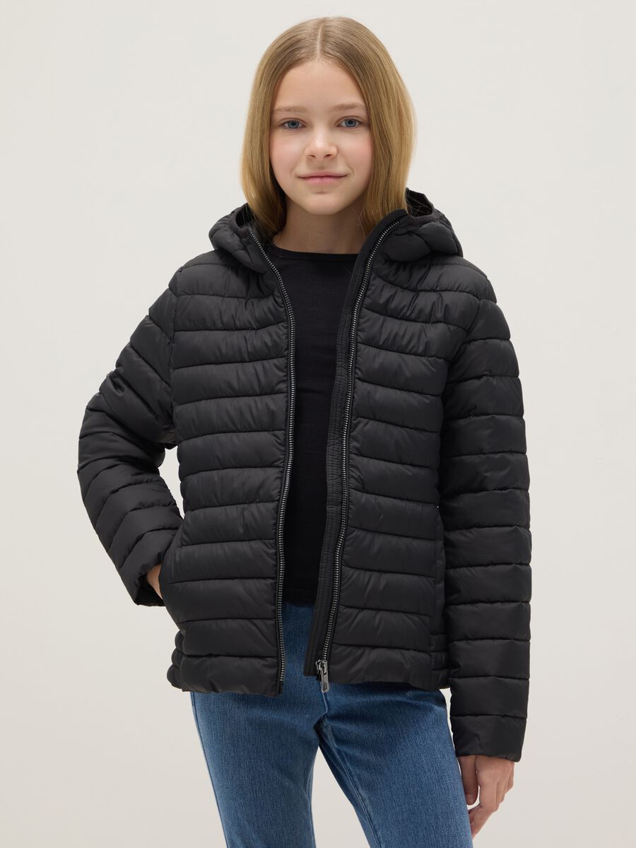 Girl's black padded regular fit jacket with hood_0