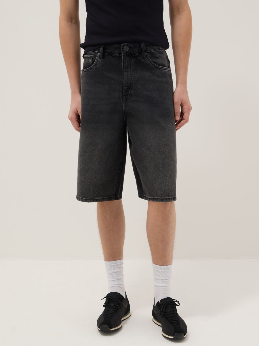 Pure Cotton Black Denim Bermuda Shorts Skater Fit_1