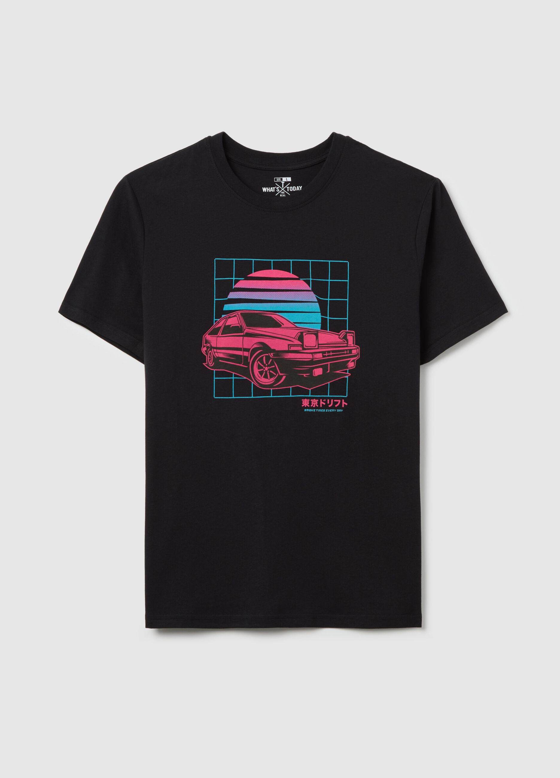 Black cotton T-shirt with racing car print
