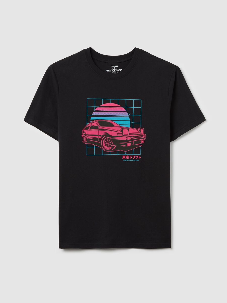 Black cotton T-shirt with racing car print_0