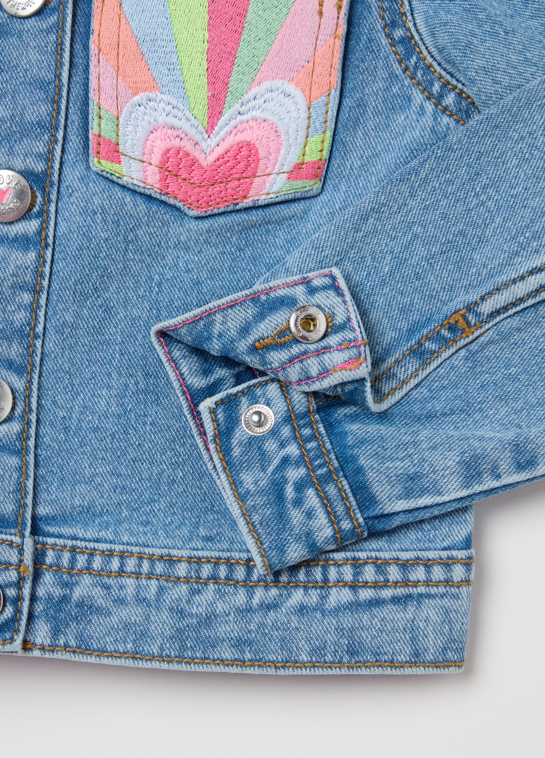 Denim jacket with heart and rainbow embroidery