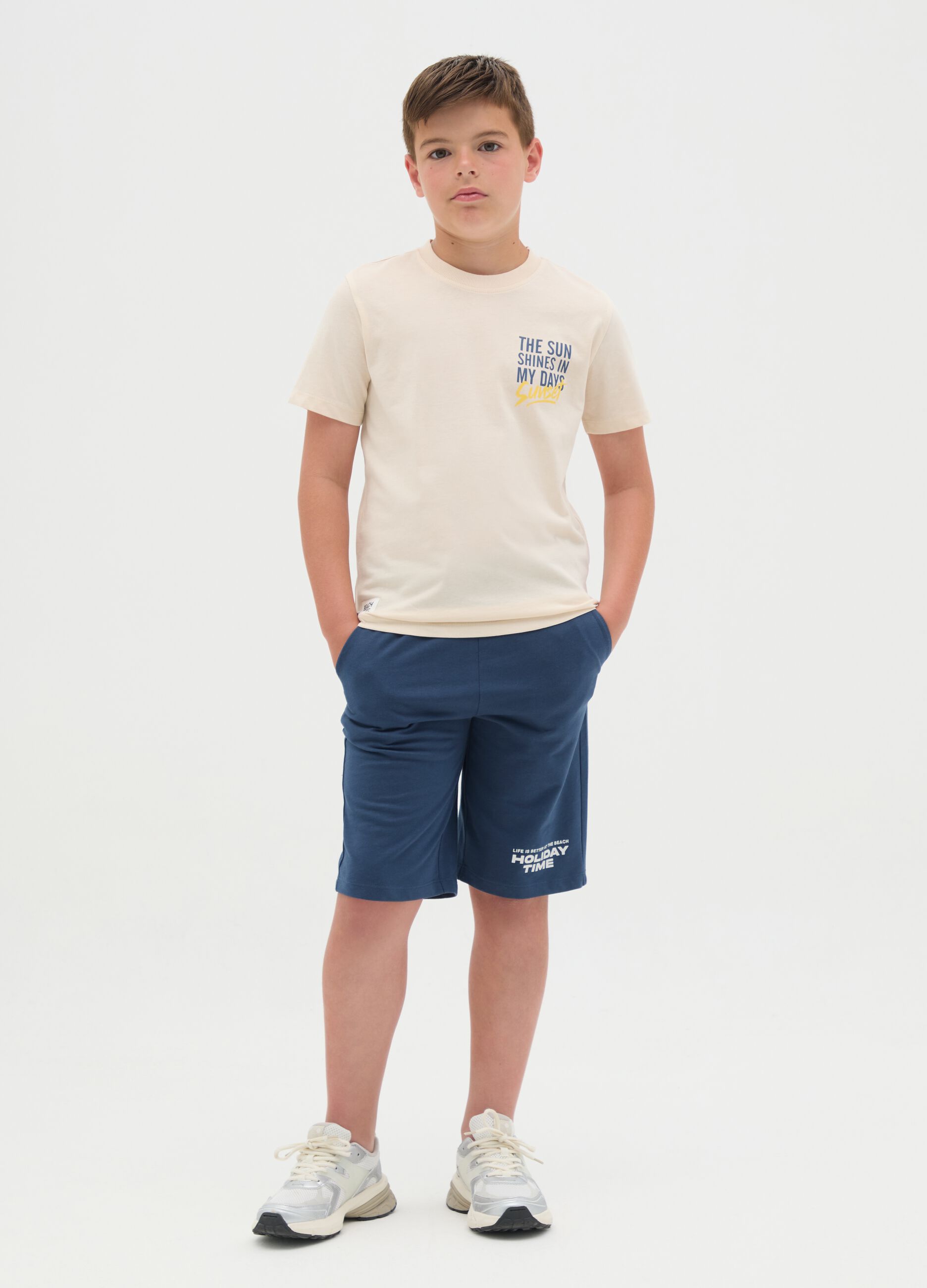 Boy's beige pure cotton t-shirt and shorts set, regular fit