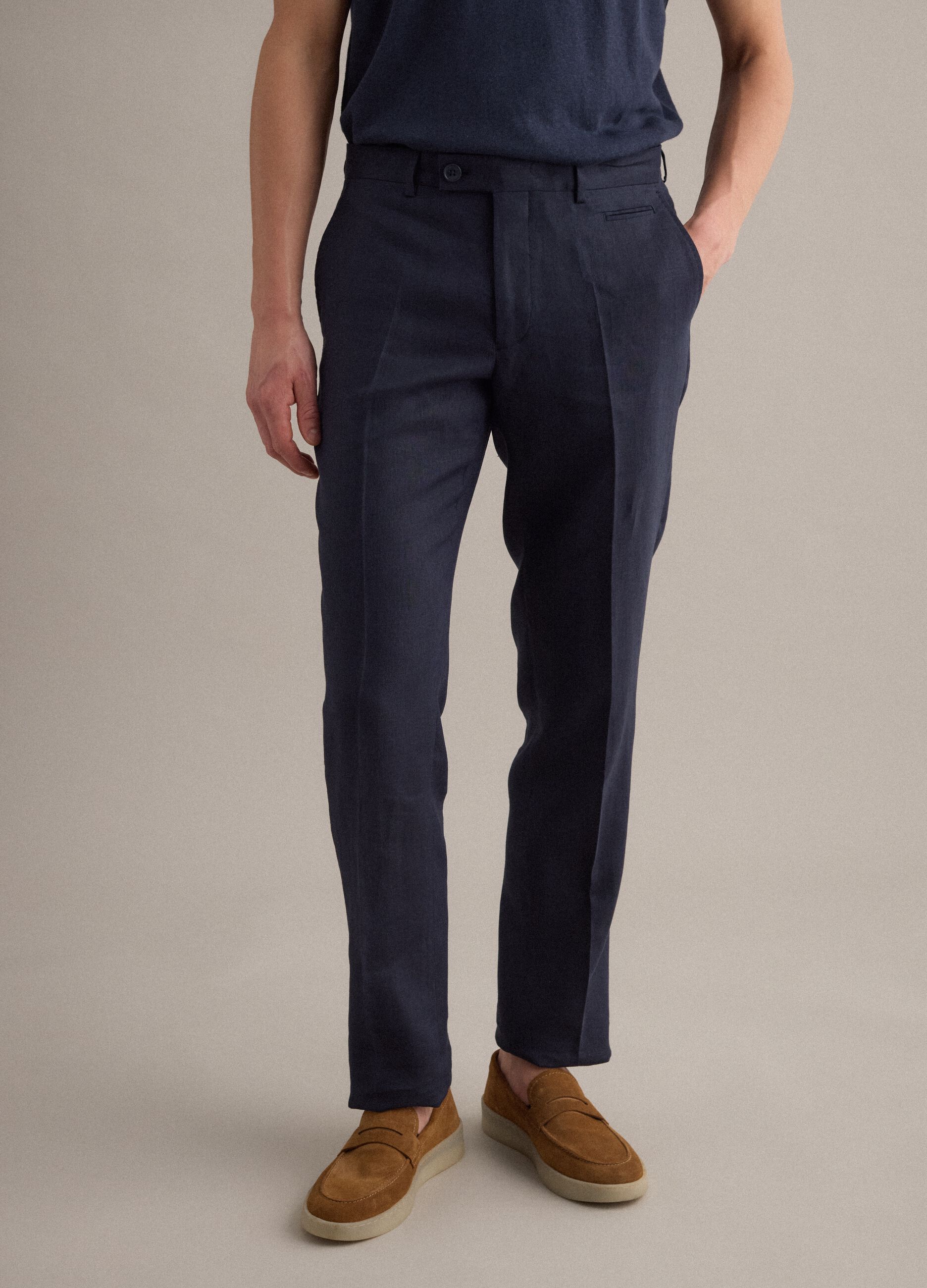 Regular fit pure blue linen trousers
