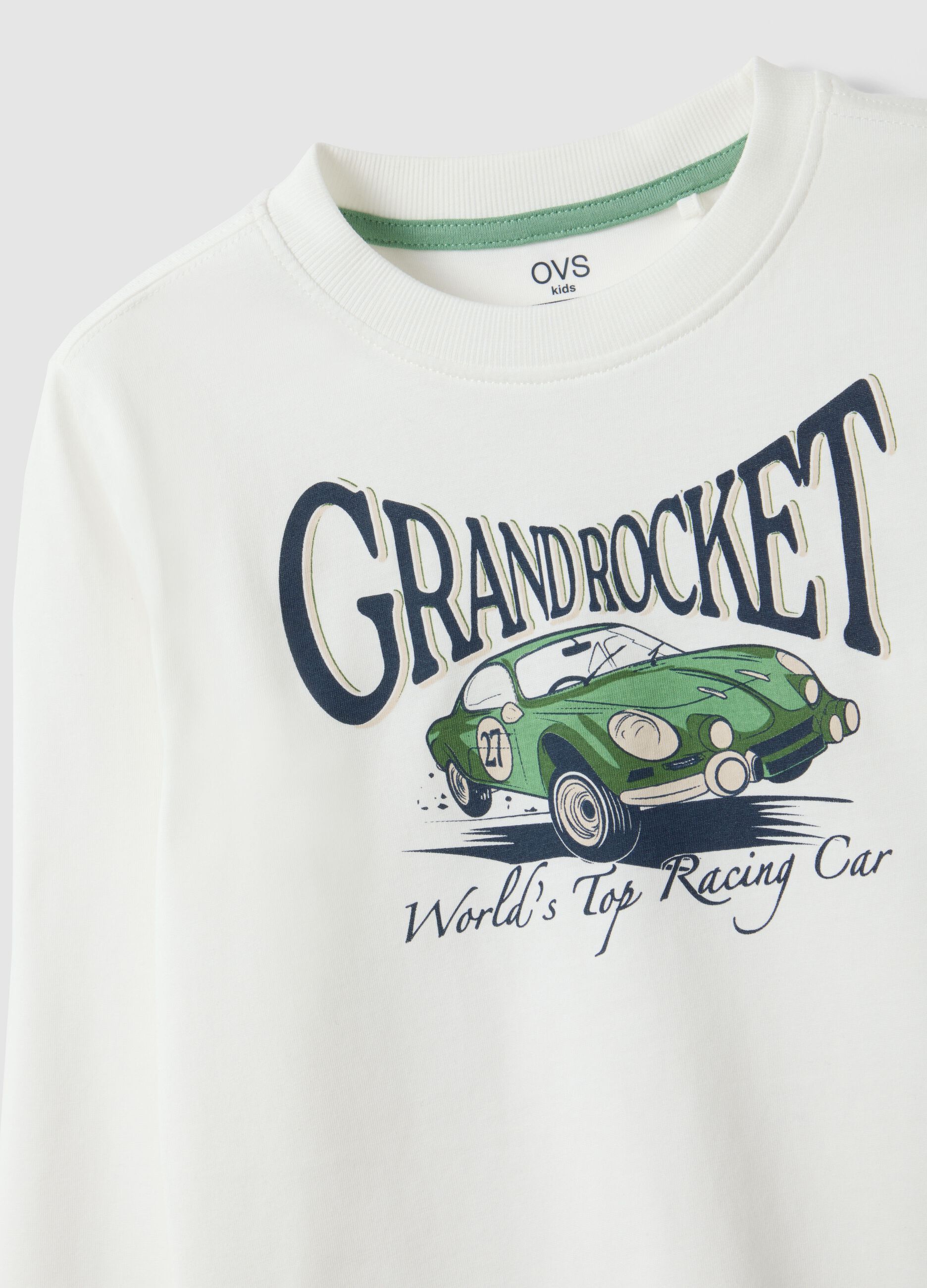 Boys&rsquo; white pure cotton T-shirt with car print, regular fit