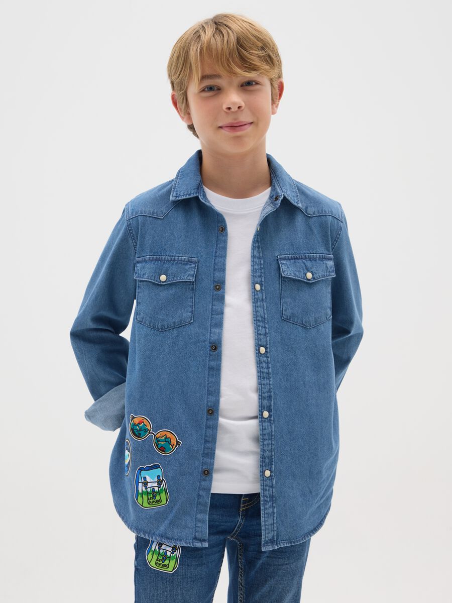 Camicia western REUP con patch colorate in denim_0