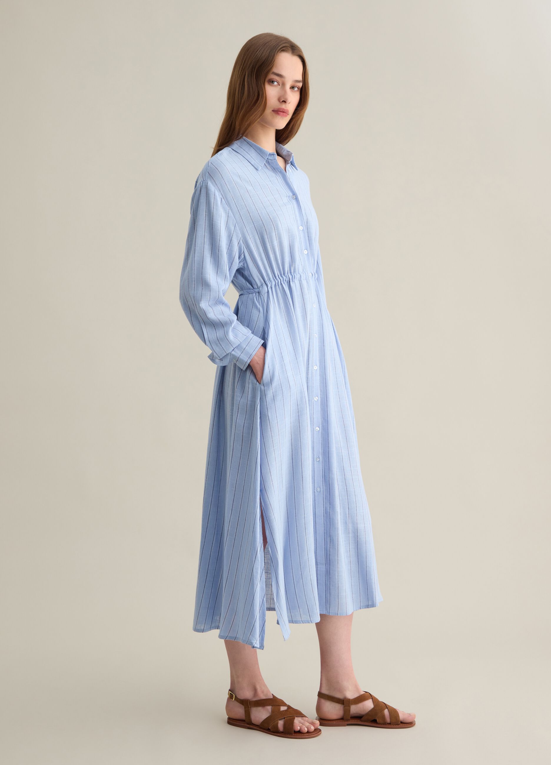 Women’s multicoloured regular-fit long dress in viscose and linen blend