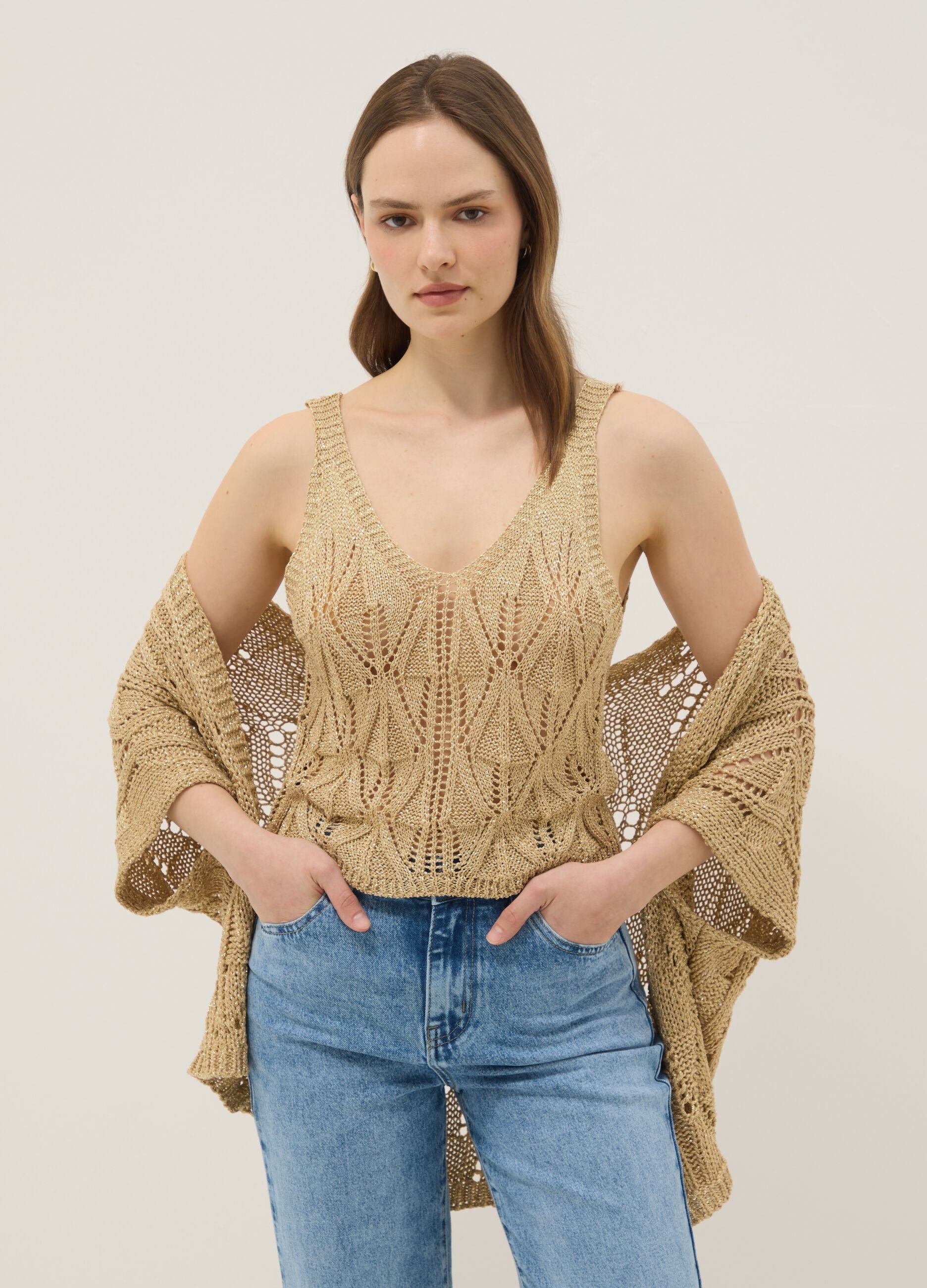 Beige open-knit viscose-blend top, regular fit
