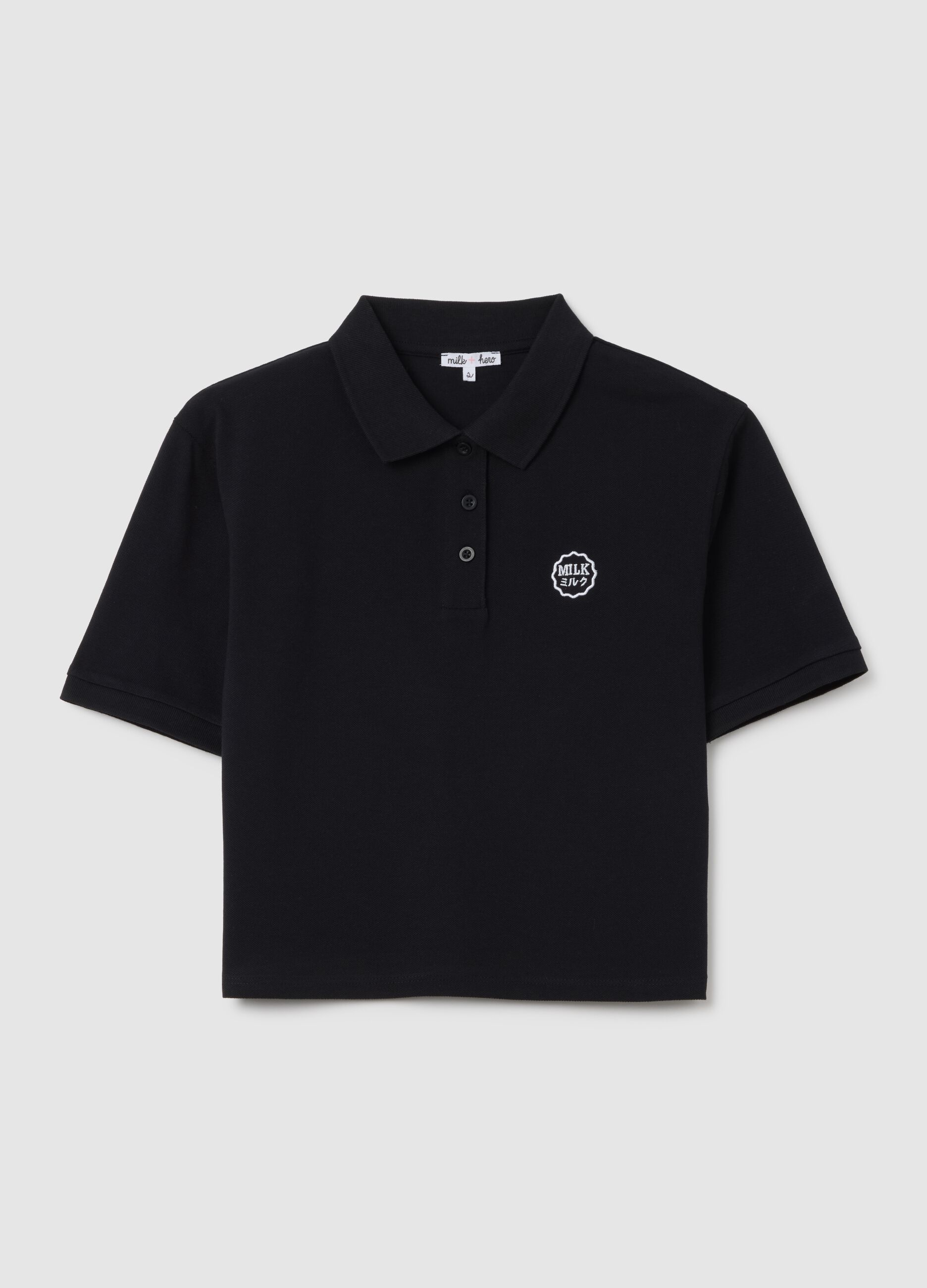 Women's black pure cotton regular fit polo with classic collar and embroidered logo