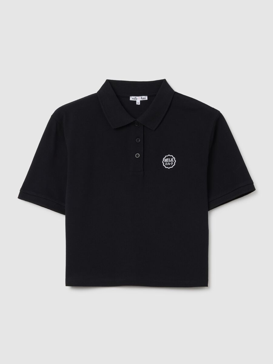 Women's black pure cotton regular fit polo with classic collar and embroidered logo_0
