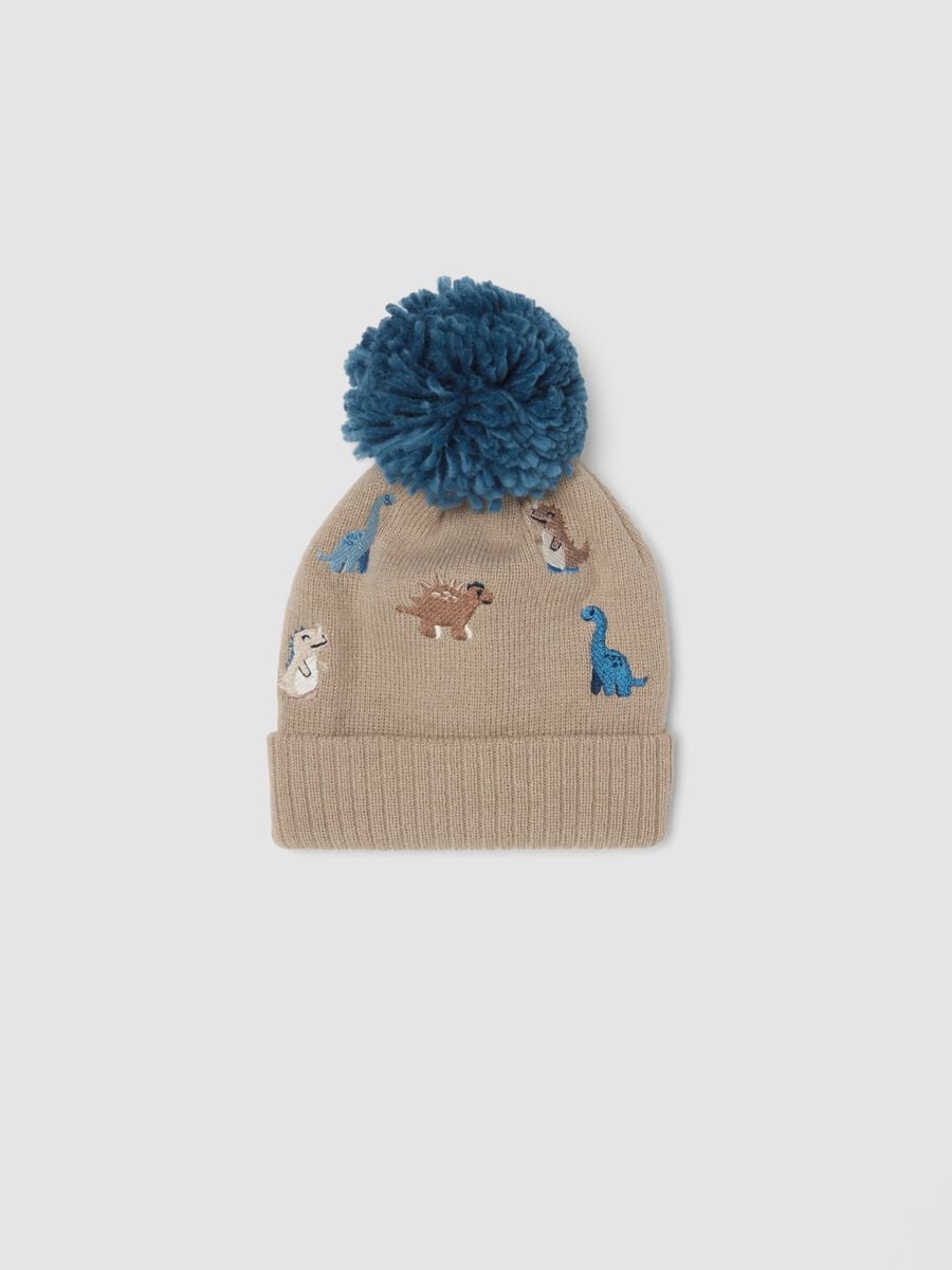 Cappello beige con pon pon e dinosauri_0