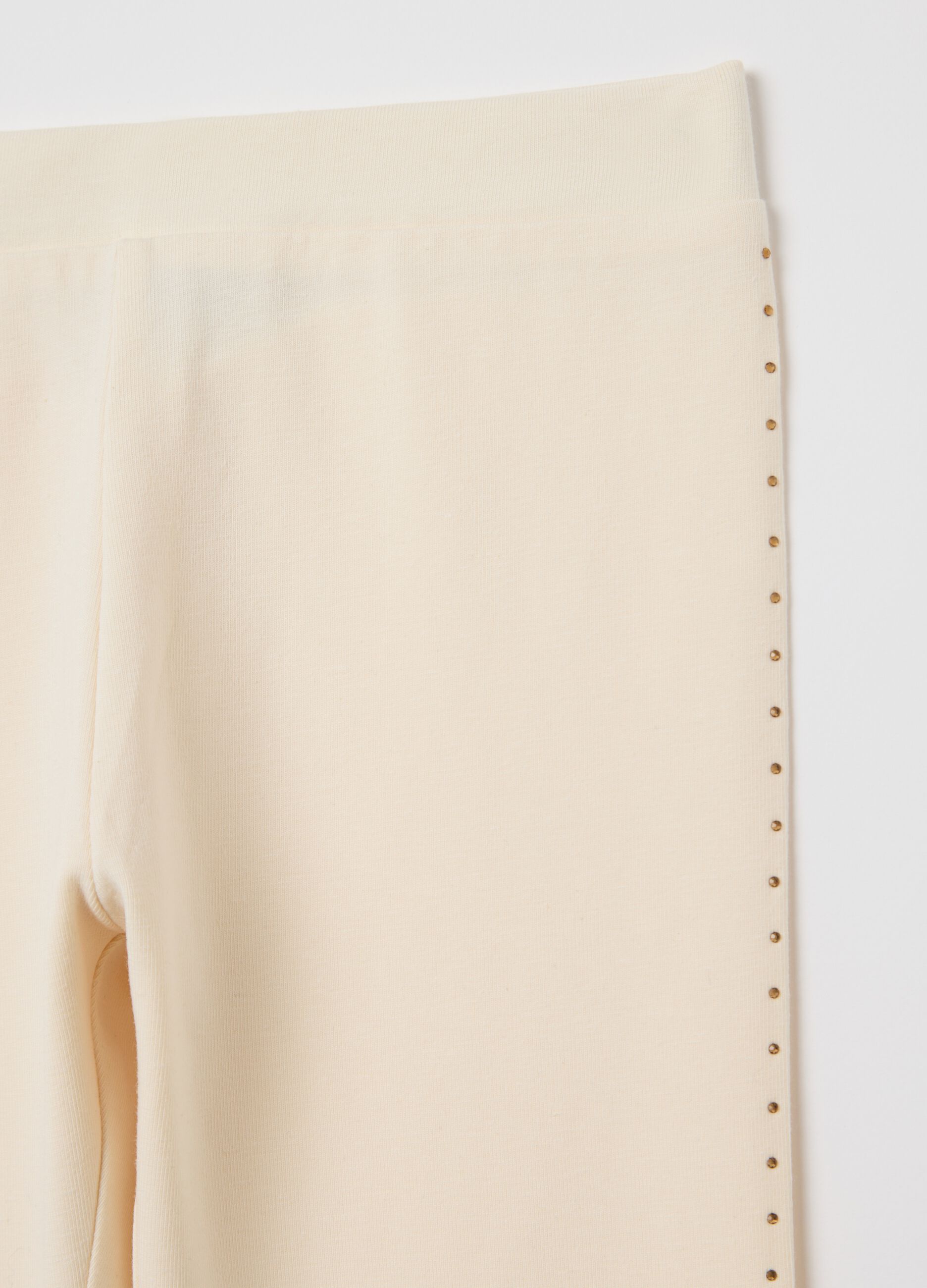 Beige three-quarter leggings in stretch cotton with diamantés