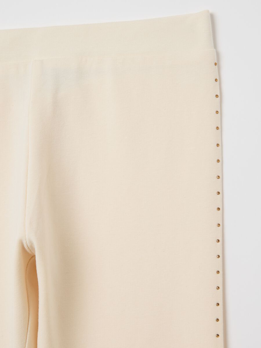 Beige three-quarter leggings in stretch cotton with diamantés_2