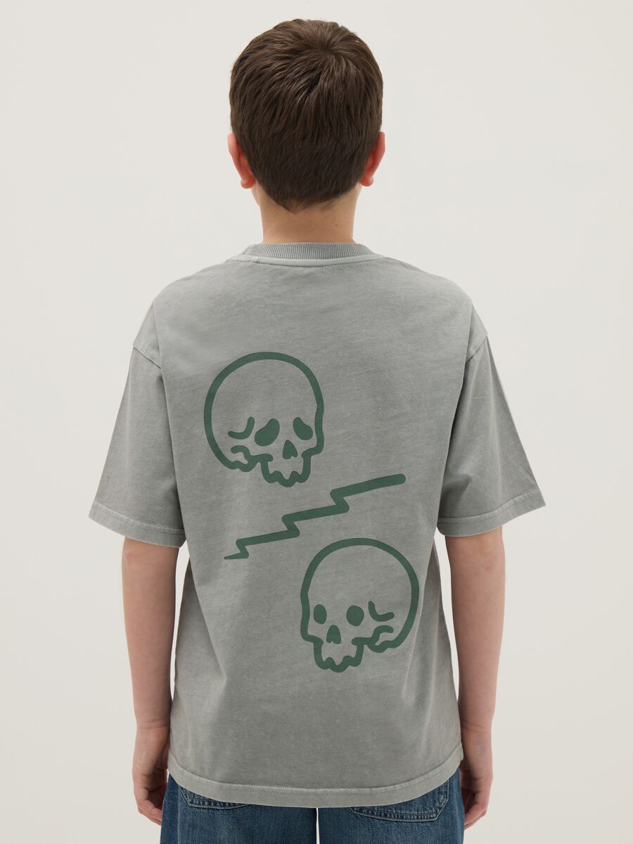 Boys' Green Pure Cotton Oversized Fit T-shirt with Skull_1