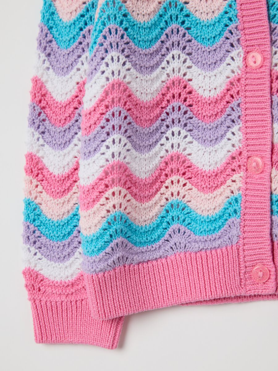 Pink and light blue cardigan with striped openwork design_3