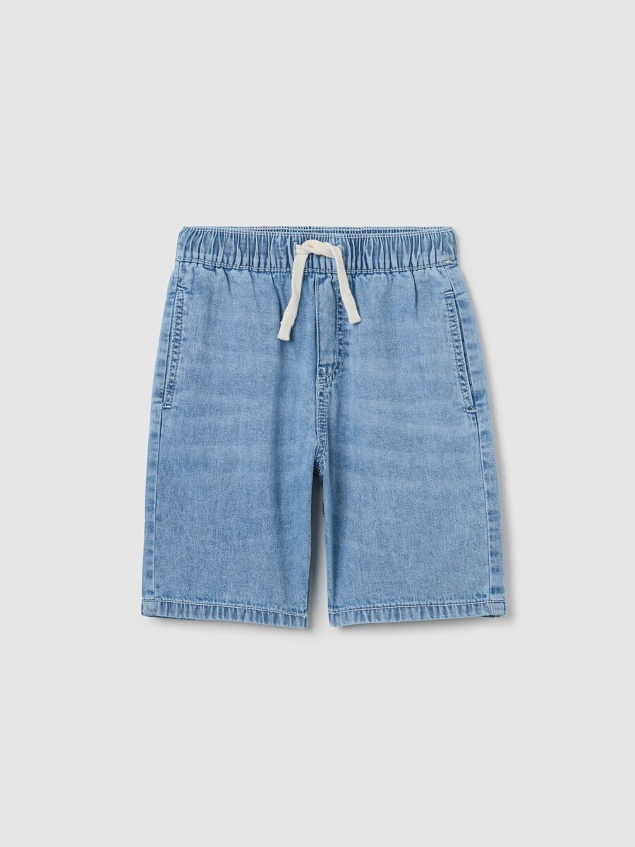 Denim Bermuda joggers with pockets and drawstring_0