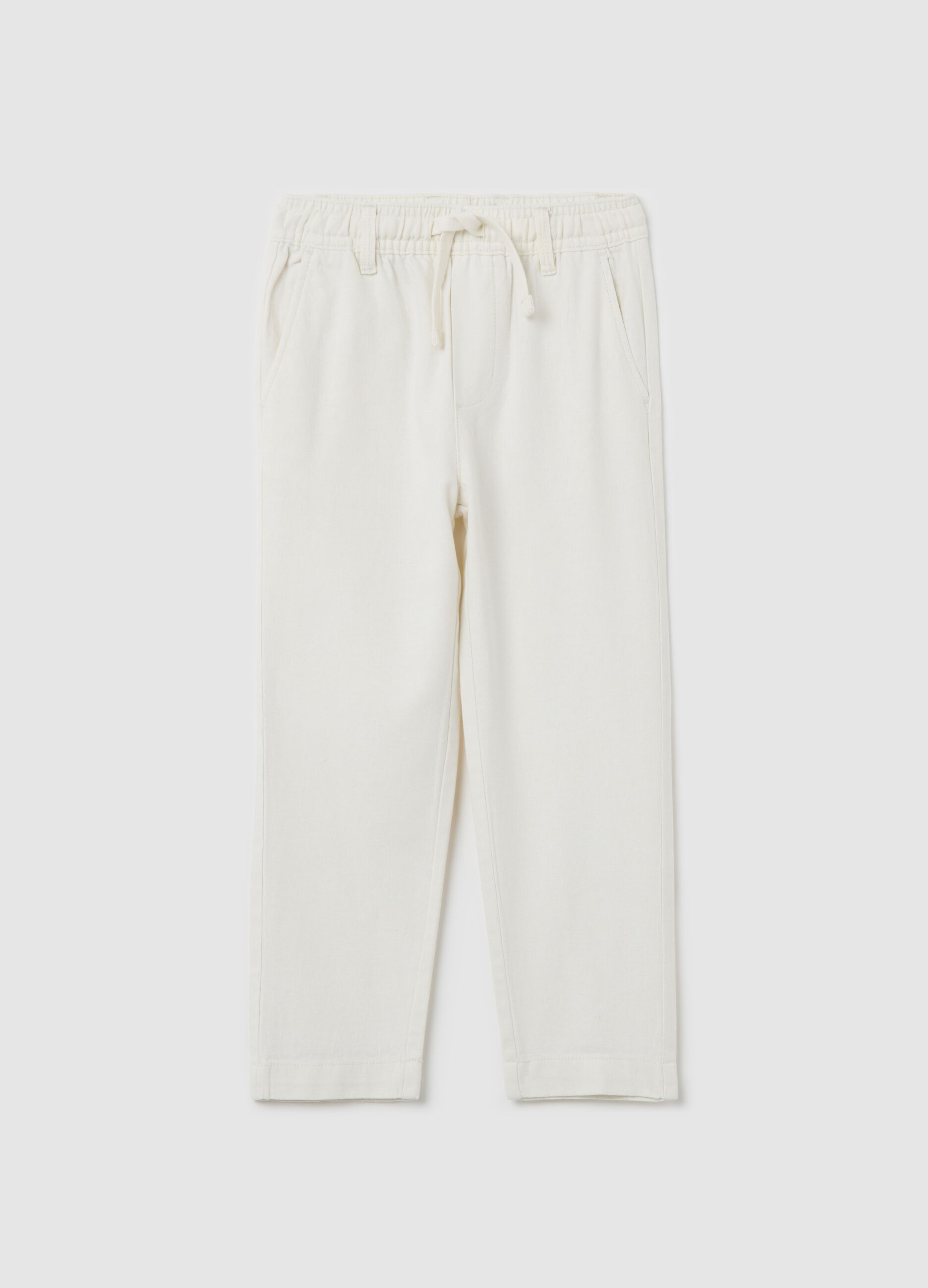 Pantaloni bianchi in cotone e lino con coulisse