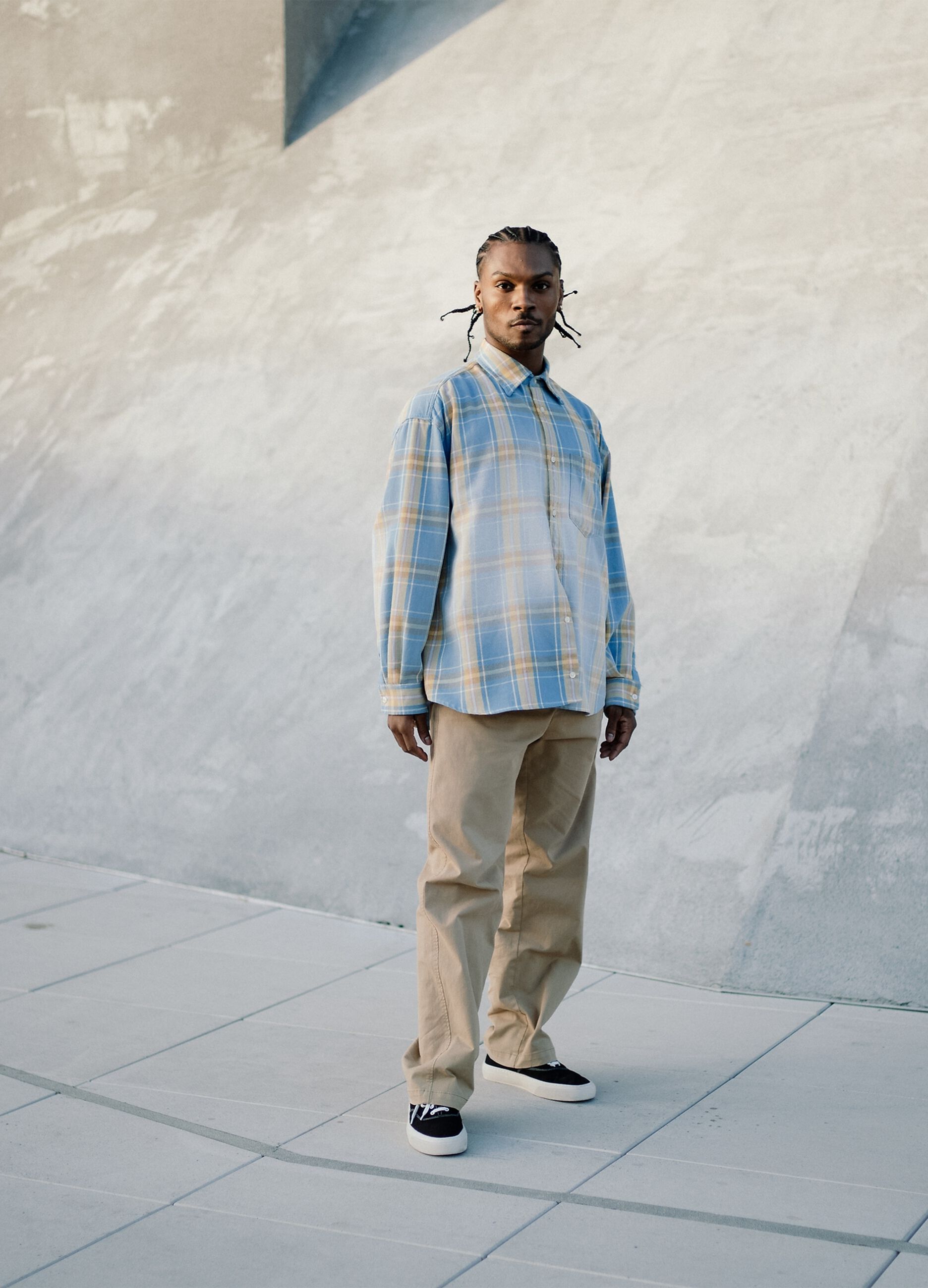 Blue and yellow plaid cotton shirt