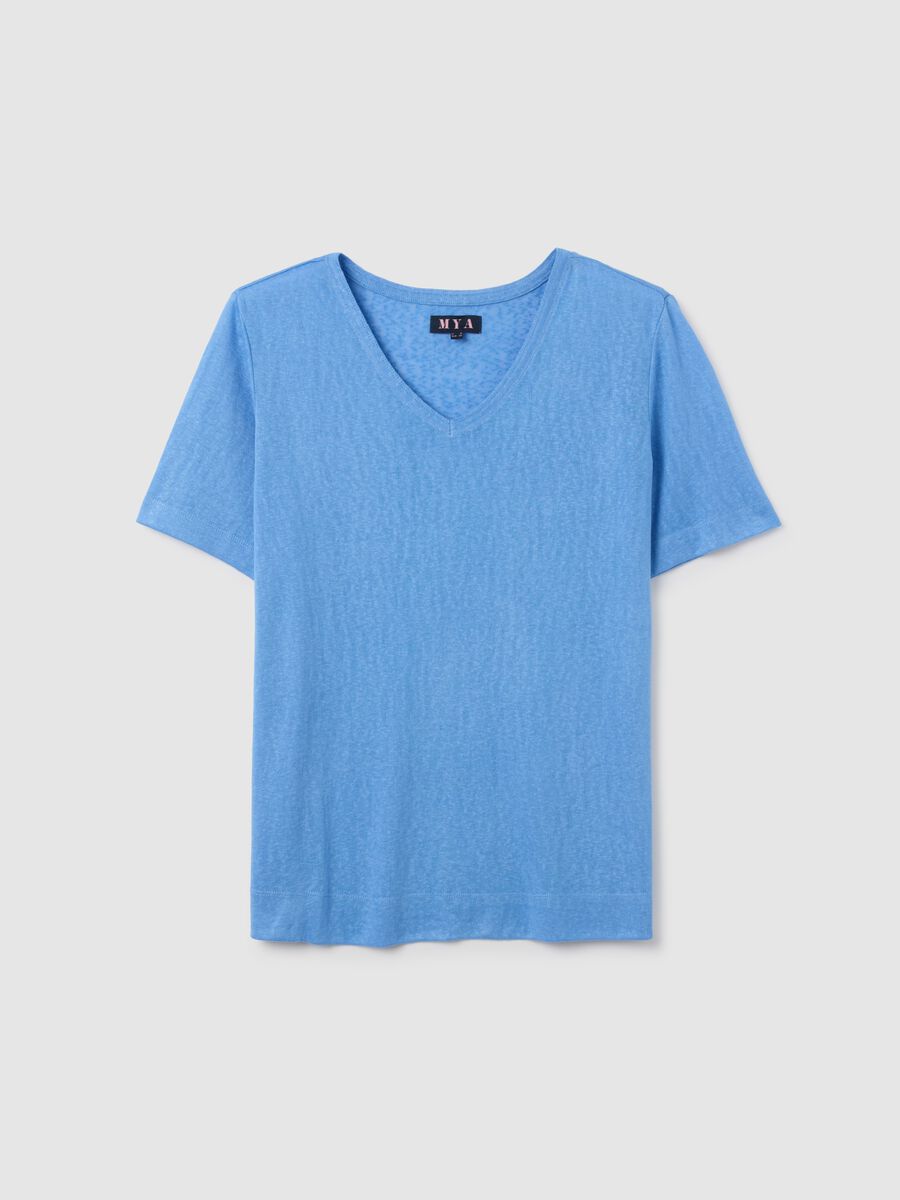 Women's blue mixed fabric regular fit T-shirt_0