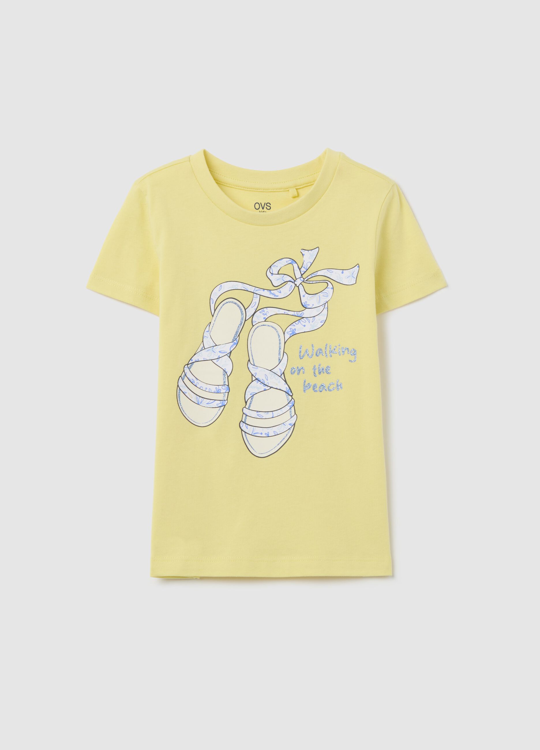 Yellow T-shirt in cotton with glitter print