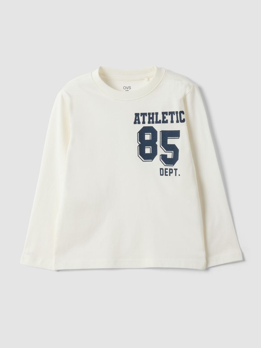 T-shirt bianca in puro cotone organico con stampa college per bambino_0