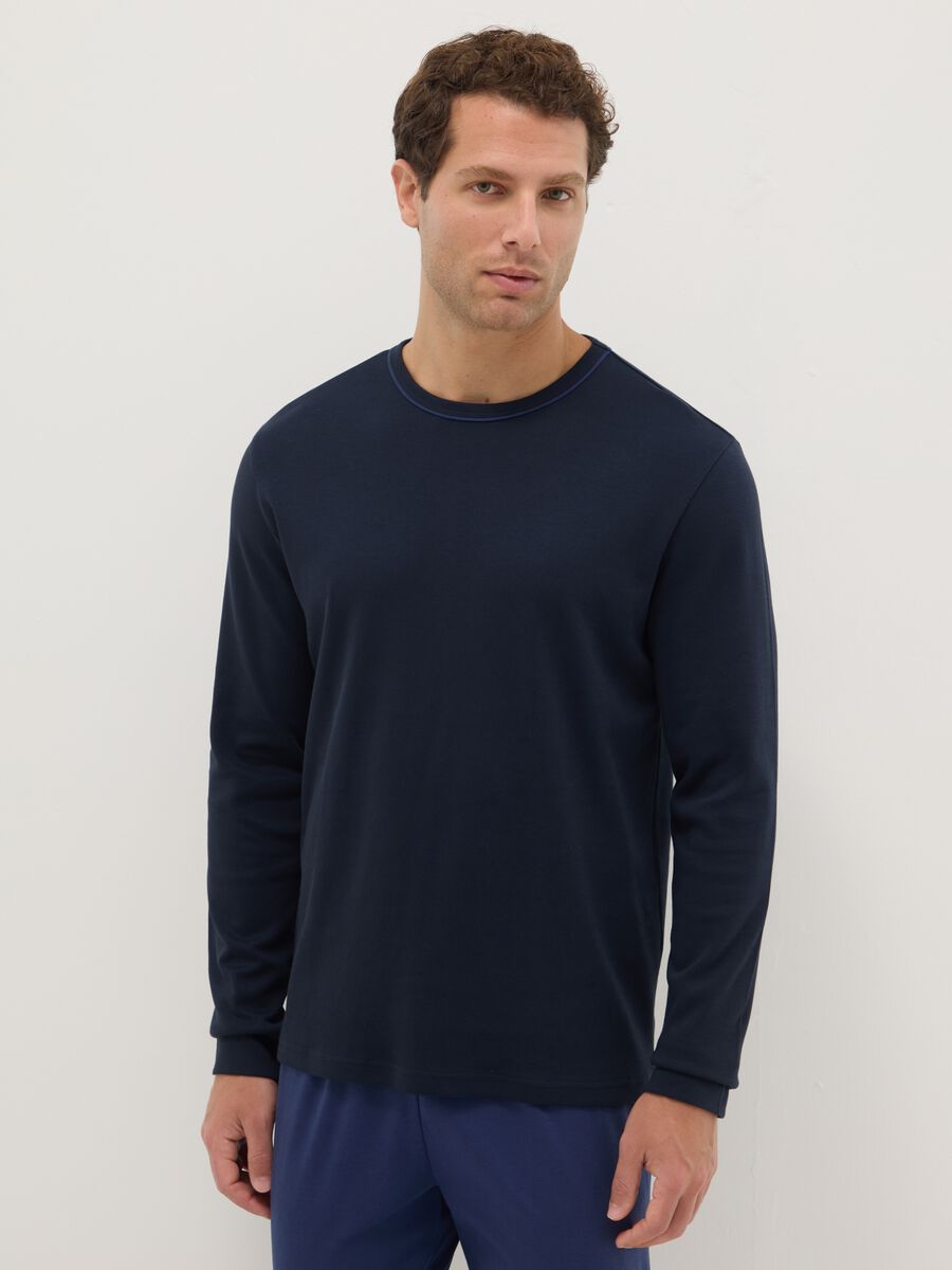 Blue crew neck long sleeve pyjamas in pure cotton regular fit_1