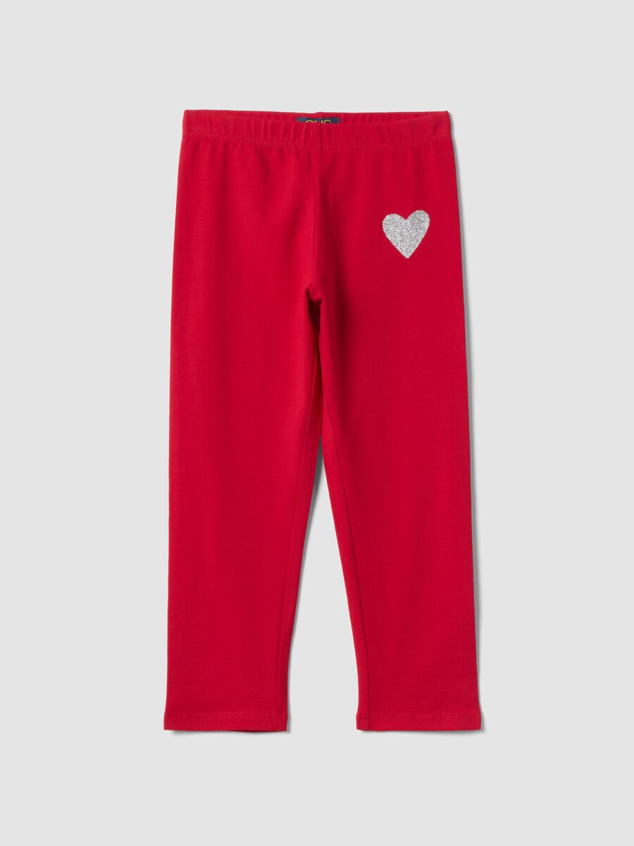 Leggings in cotone elasticizzato rosso da bambina slim fit con cuore_0
