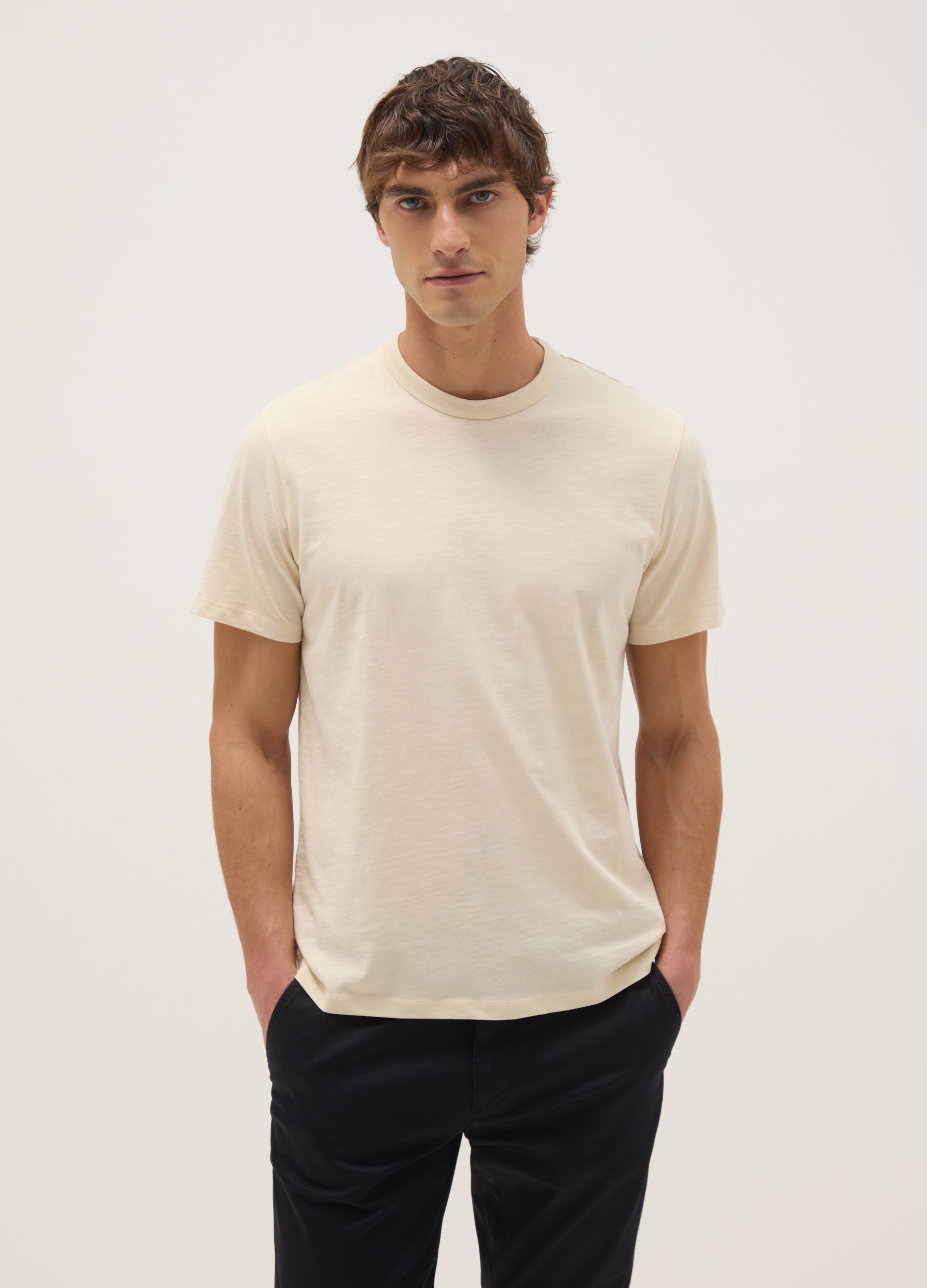 Beige short-sleeved pure cotton regular fit T-shirt