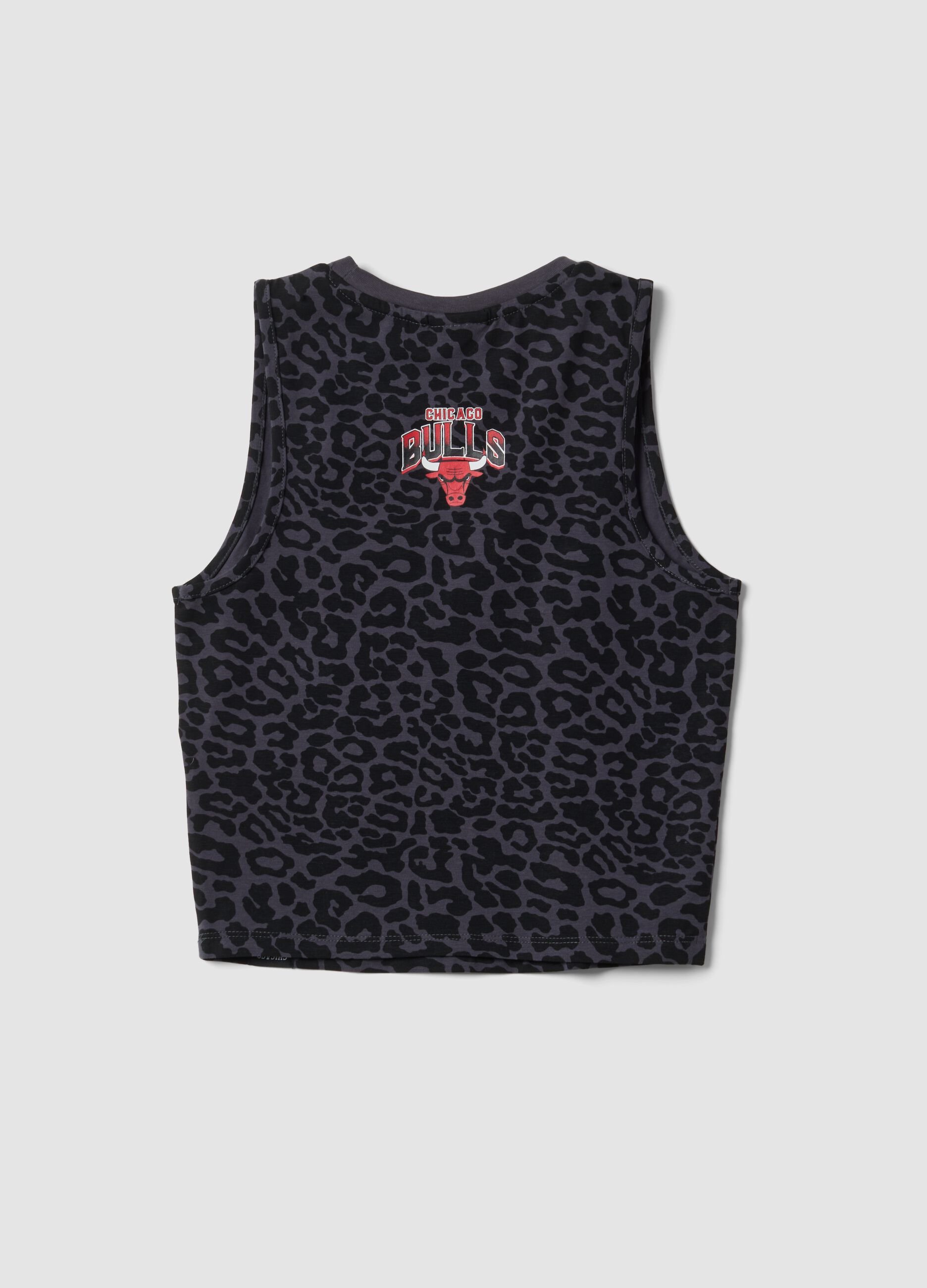 Black stretch cotton tank top with animal print