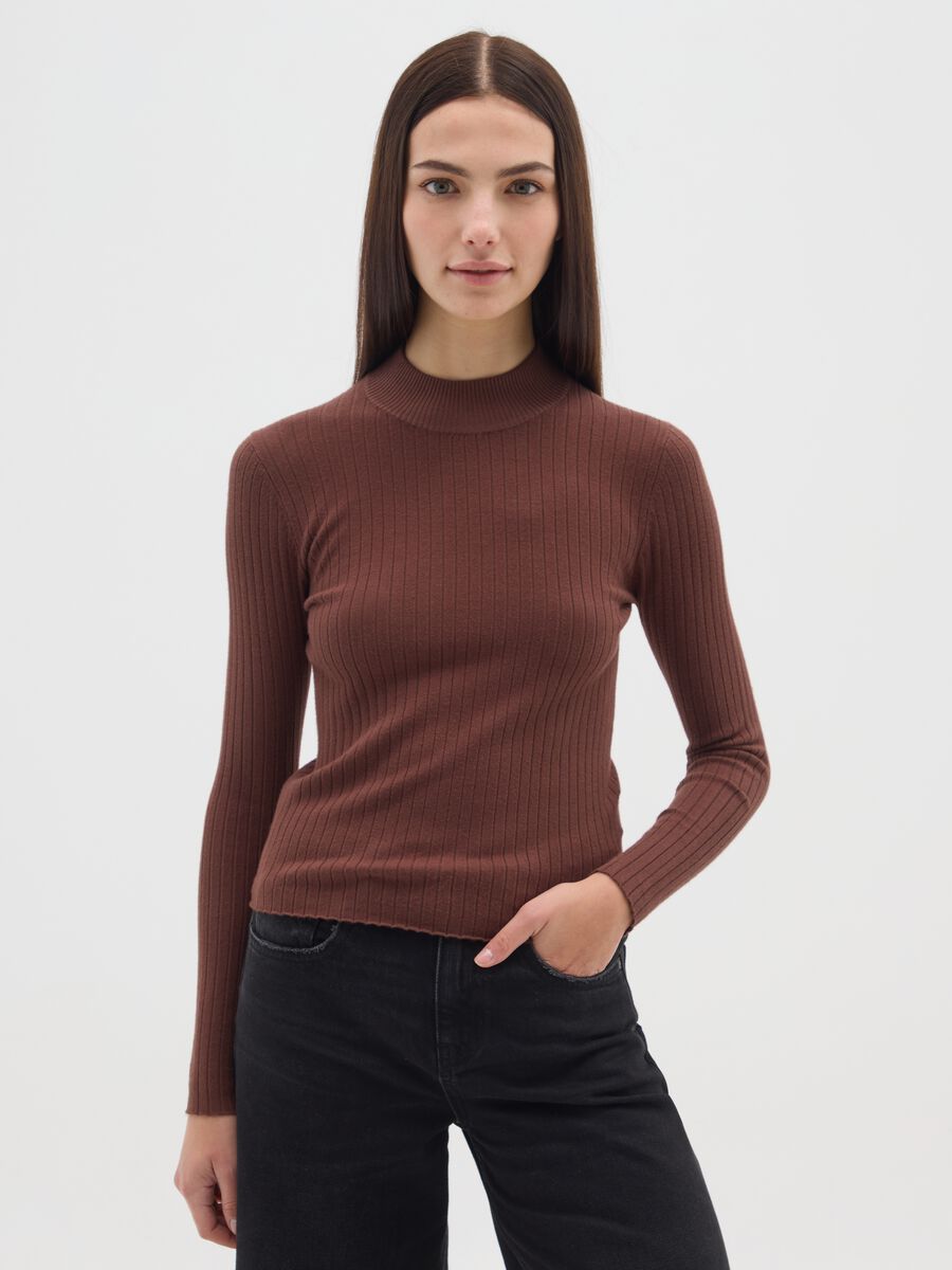 Brown high-neck sweater in viscose and polyamide blend_0