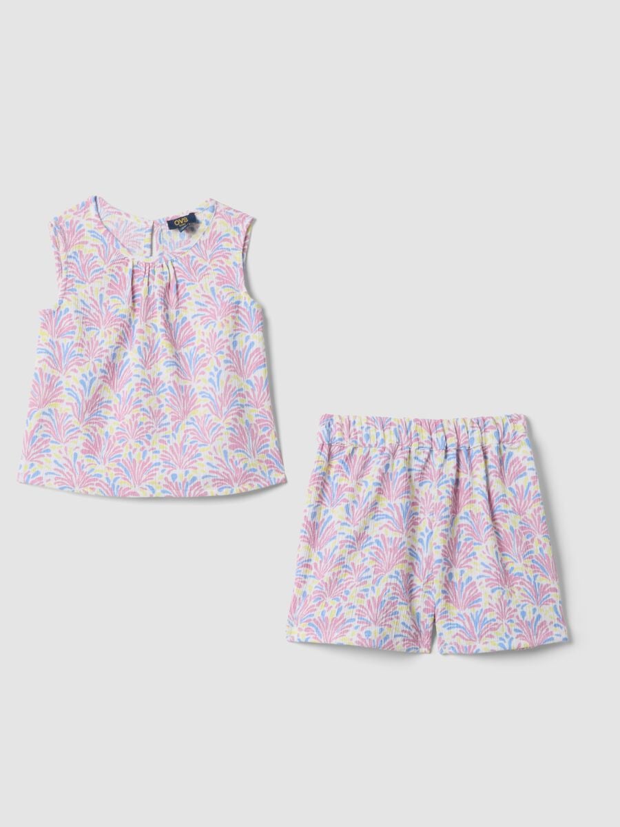 Completo rosa in tessuto elasticizzato con top e shorts per bambina_0