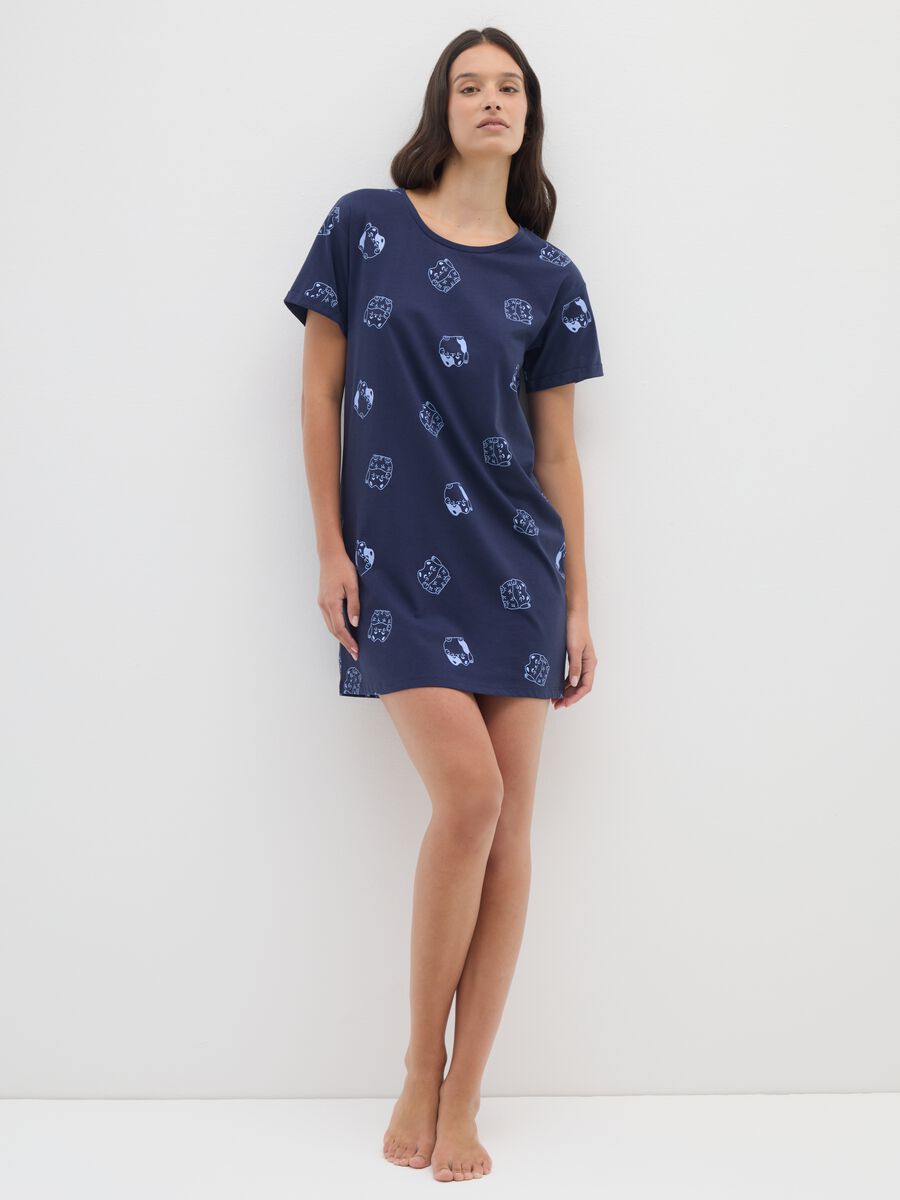 Camicia da notte blu con stampa in puro cotone_0