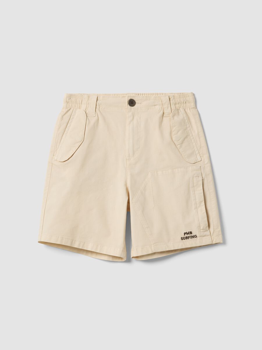 Beige stretch cotton cargo shorts for boys, baggy fit_3