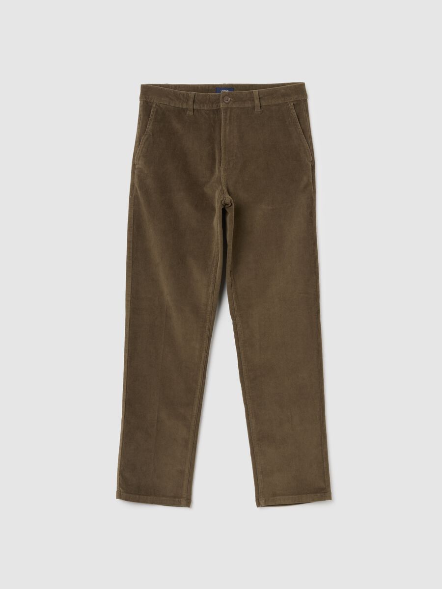 Pantaloni marroni in cotone elasticizzato a coste strette regular fit_0
