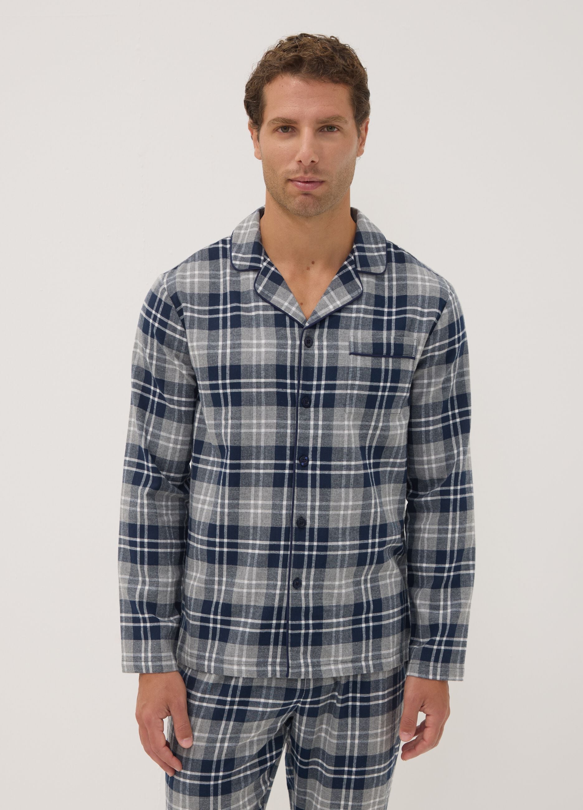 Grey and blue flannel pyjamas in pure organic cotton, regular fit