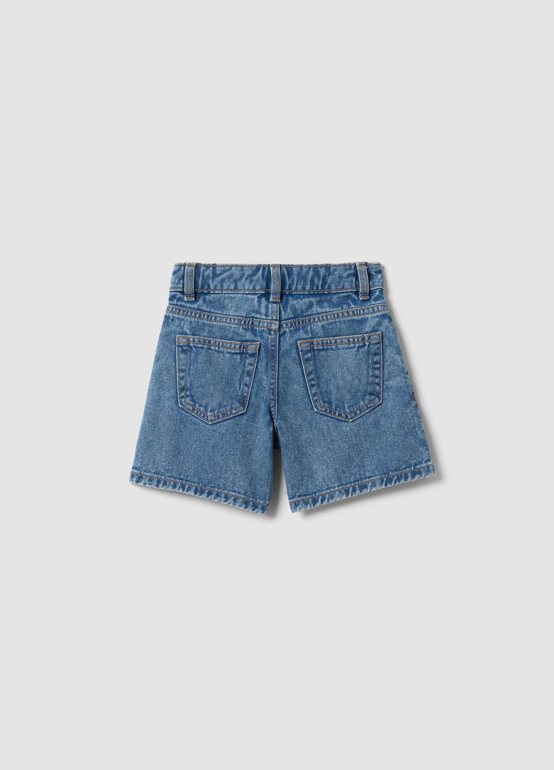 Girls&rsquo; blue denim cotton cargo shorts with wide-leg fit