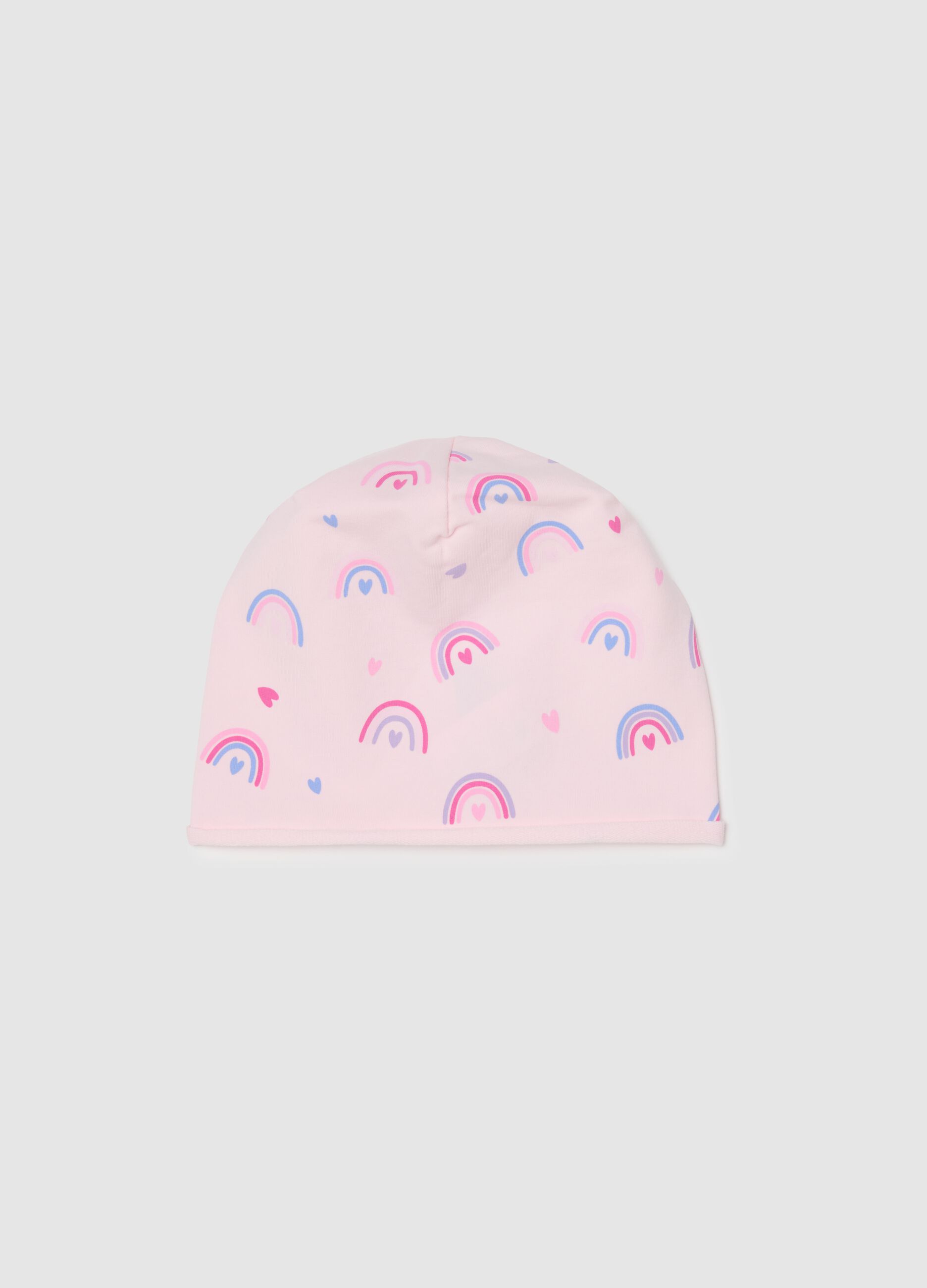 Pink Stretch Cotton Beanie with Rainbows for Girls