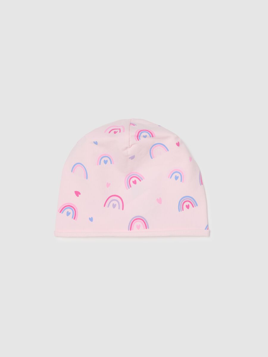 Pink Stretch Cotton Beanie with Rainbows for Girls_0